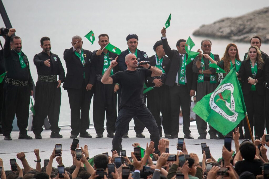 PUK leader Bafel Talabani addresses an election rally near Ranya, Sulaymaniyah governorate, on Oct. 12, 2024 (Winthrop Rodgers/Inkstick Media)