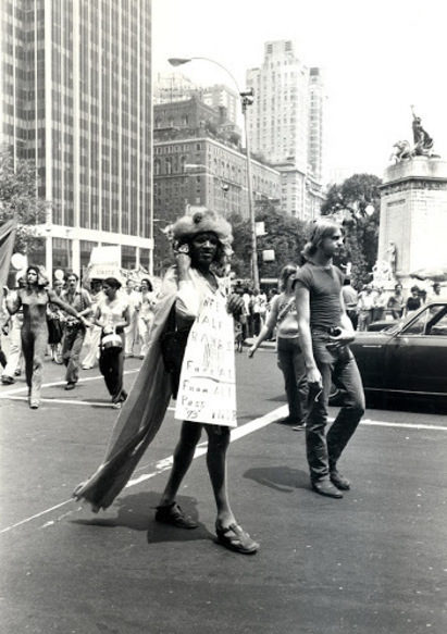 Marsha P. Johnson and Sylvia Rivera (background) at the fourth annual Pride march, inspired by the 1969 Stonewall Riots from the New York Public Library Digital Collection