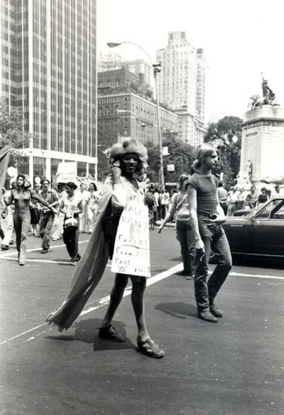 Marsha P. Johnson and Sylvia Rivera (background) at the fourth annual Pride march, inspired by the 1969 Stonewall Riots from the New York Public Library Digital Collection