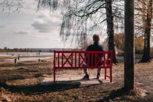 bench, woman, water, trees, Ukraine