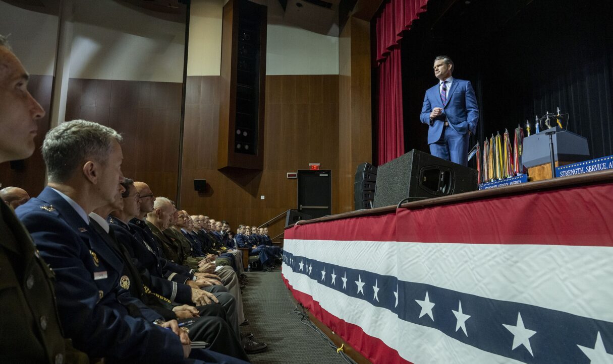 Secretary of War Pete Hegseth during a War Department Address at Marine Corps Base Quantico, Va., Sept. 30, 2025. (DoW photo by U.S. Navy Petty Officer 2nd Class Aiko Bongolan)