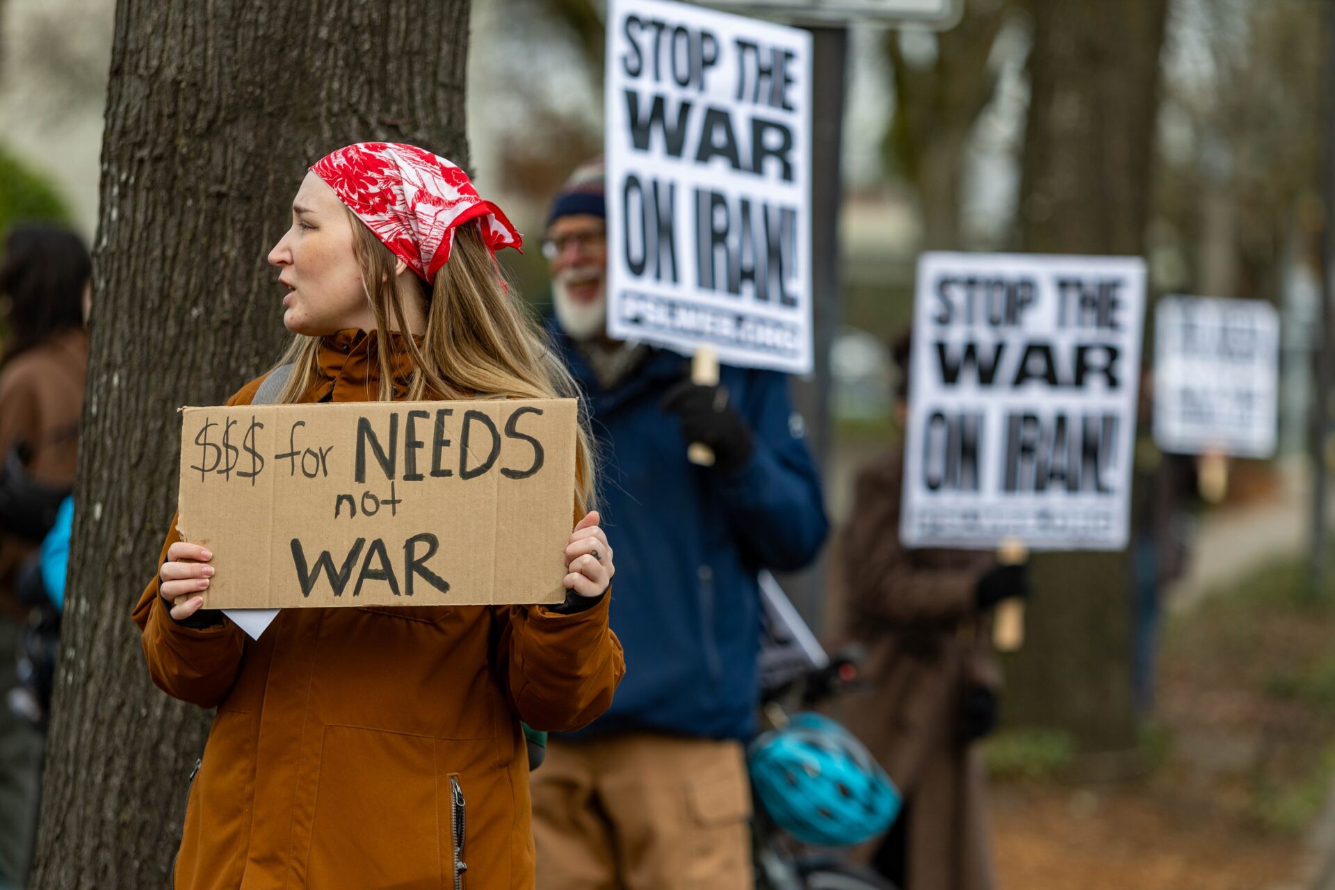 Demonstrators in Eugene, Oregon, rally against the Trump administration's war in Iran in February 2026 (David Geitgey Sierralupe/Wikimedia Commons)