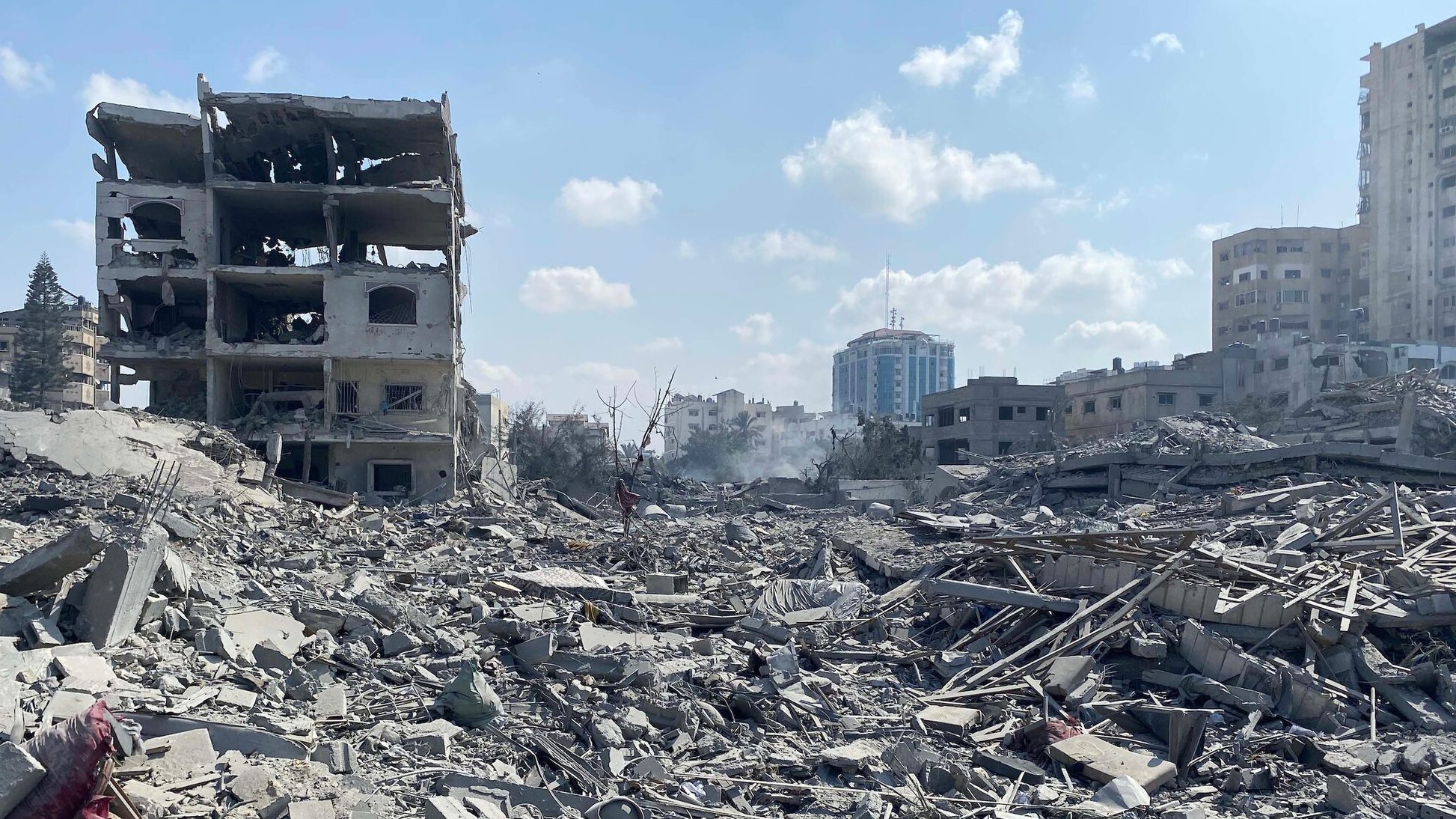 Damage following an Israeli airstrike on the El-Remal aera in Gaza City on October 9, 2023 (Wafa Agency via Wikimedia Commons)