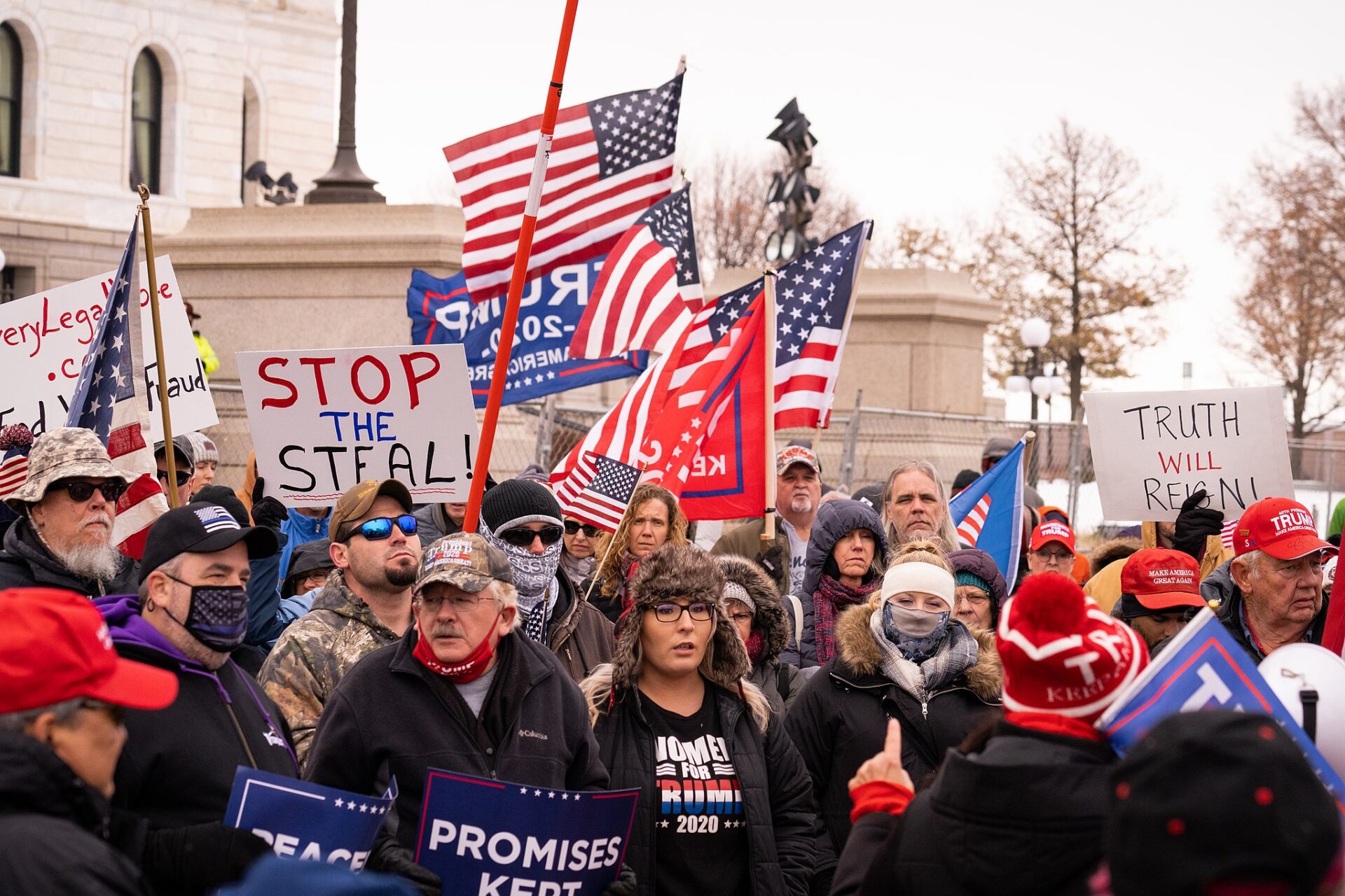 On Nov. 14, 2020, Trump supporters "Stop The Steal" followers rallied outside the Minnesota State Capitol (Chad Davis via Wikimedia Commons)