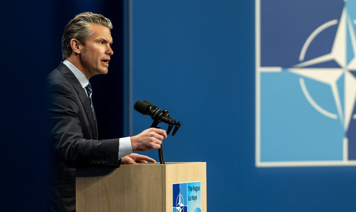 Secretary of Defense Pete Hegseth answers questions during a press conference, Wednesday, June 25, 2025, at the 2025 NATO Summit at the World Forum in The Hague, Netherlands.