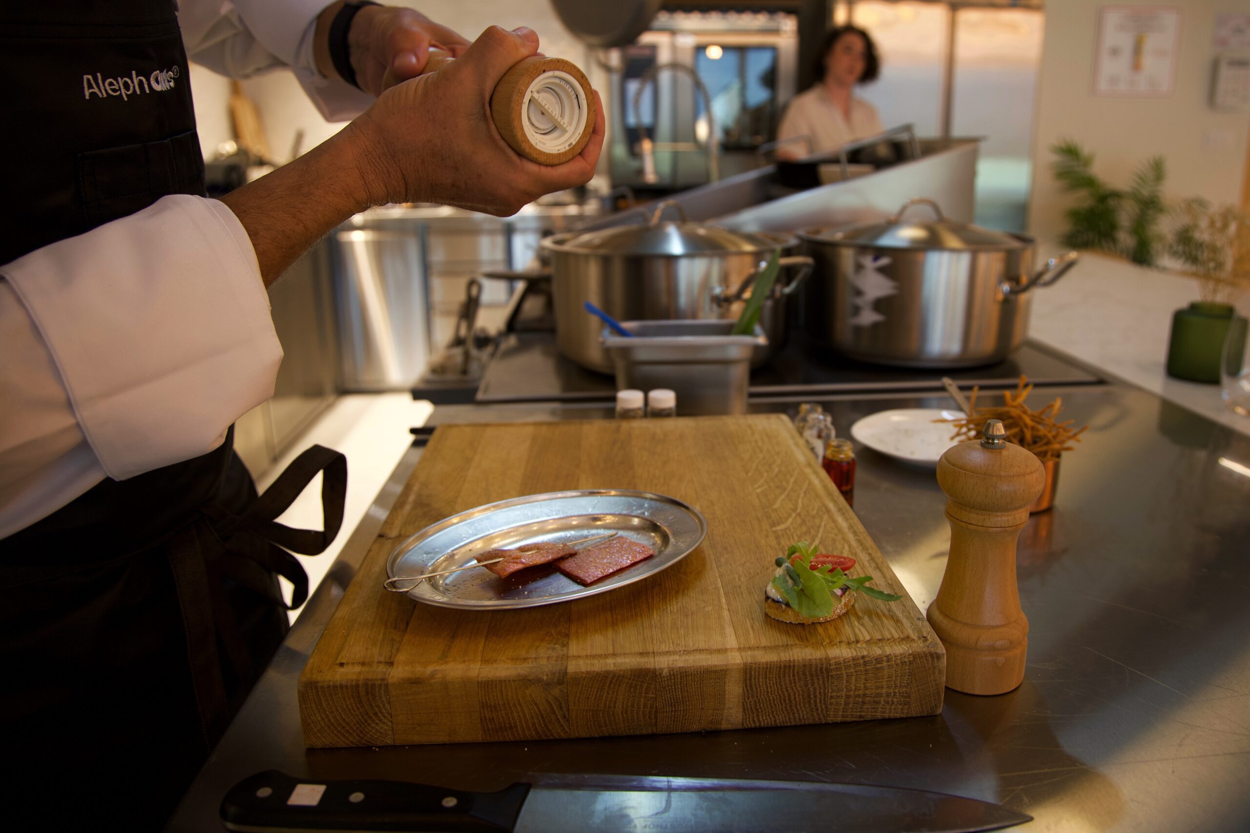 Aleph Cuts being prepared for cooking at the tasting kitchen in Aleph Farms (Hannah McCarthy via Inkstick)