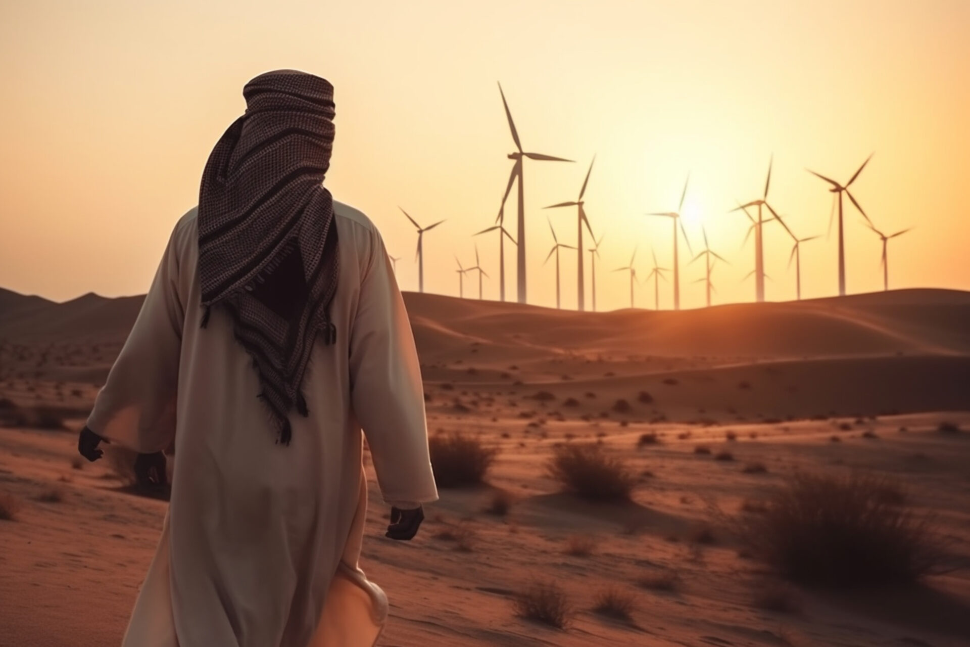 rear view of Arab Sheikh with traditional Emirati clothes looking for the energy industry and standing beside a wind turbines farm power station at sunset time