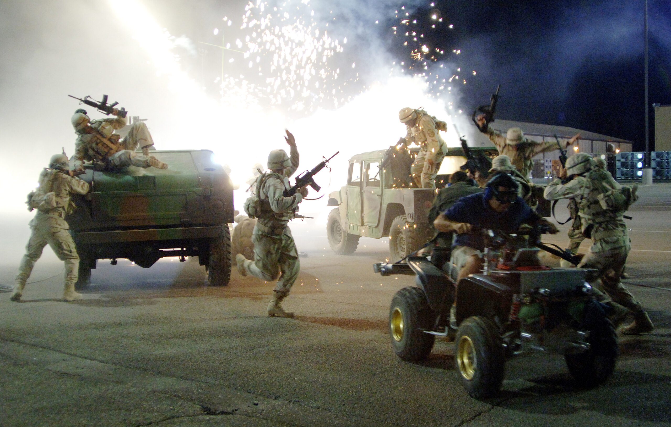 A photo shows US airmen filling the roles of extras on the set of the movie Transformers in May 2006 (Larry A. Simmons/USAF/Wikimedia Commons)
