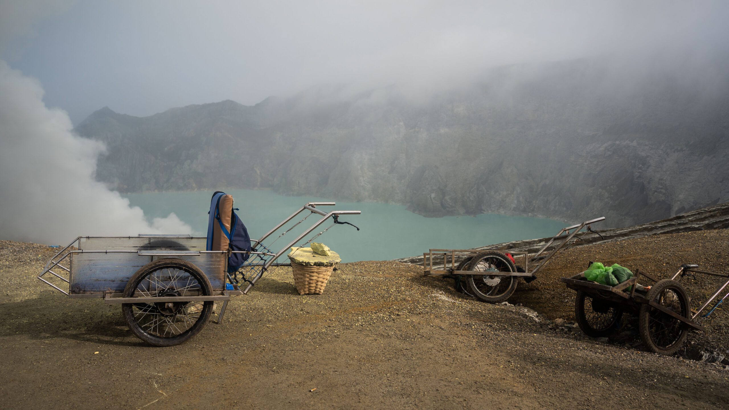 Handmade carts used to carry the sulfur from the crater’s edge to the collection point at Mount Ijen (Alexandros Zilos via Inkstick)