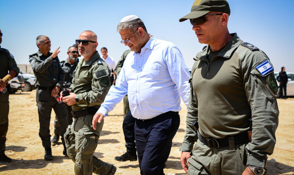Israeli National Security Minister Itamar Ben-Gvir walks alongside police in May 2025 (Israel Police/Wikimedia Commons)