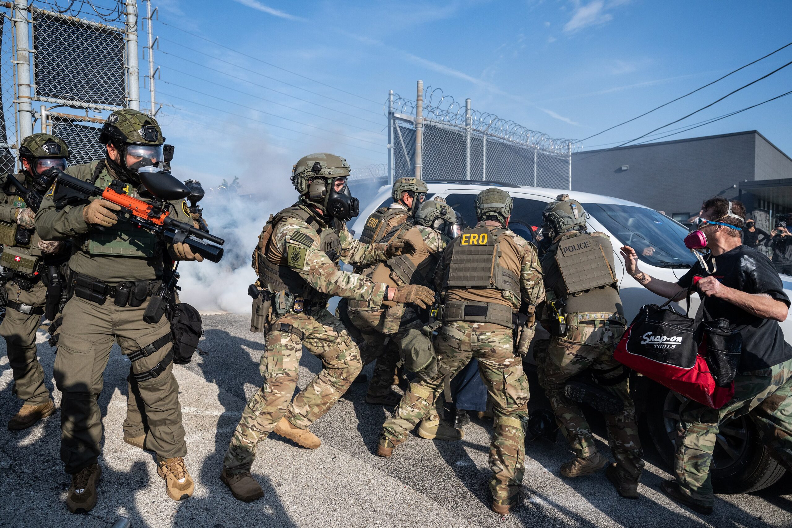 In Chicago, protesters face off with law enforcement during a protest against ICE in September 2025 (Paul Goyette/Wikimedia Commons)