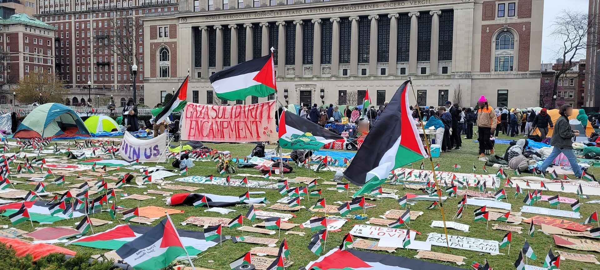 Scenes of the reinstated Gaza Solidarity Encampment at Columbia University on its fourth day, April 21, 2024 (Abbad Diraniya via Wikimedia Commons)