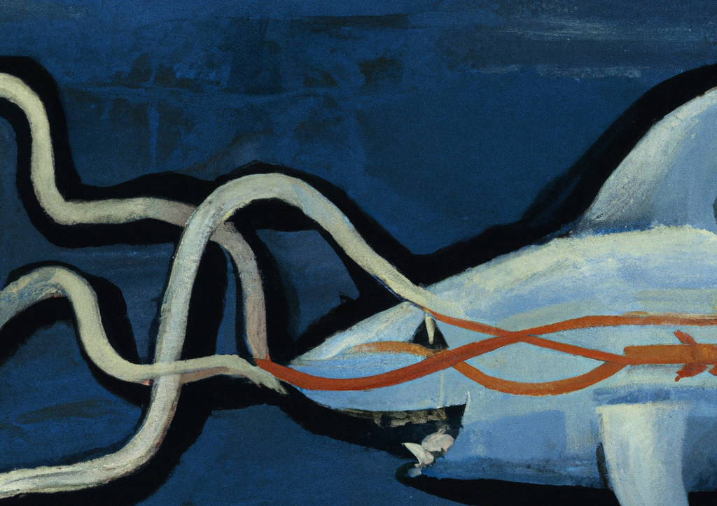 DALL·E 2023-07-09 21.30.24 – A modernist painting of a shark eating internet cables under the sea with muted colors.