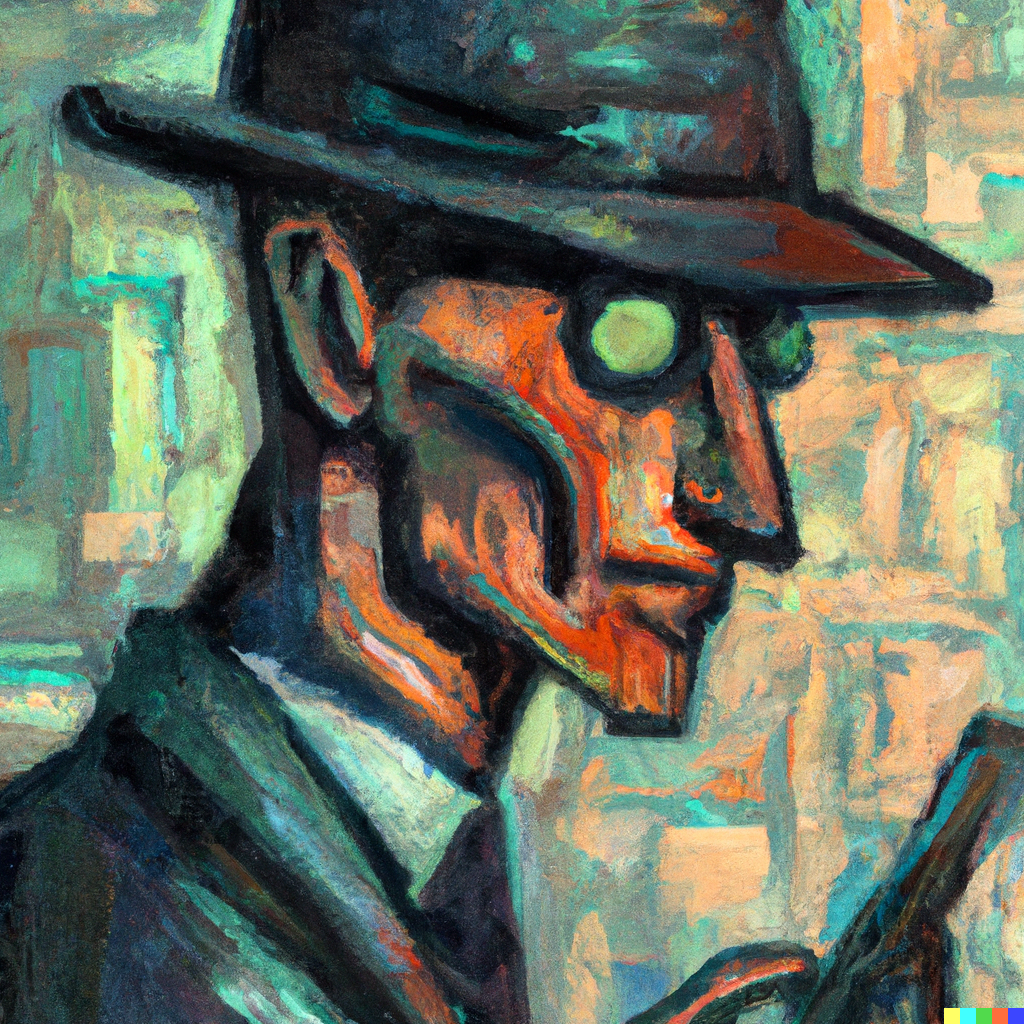 DALL·E 2023-07-23 21.19.17 – A modernist painting of Oppenheimer as a hacker with muted colors.