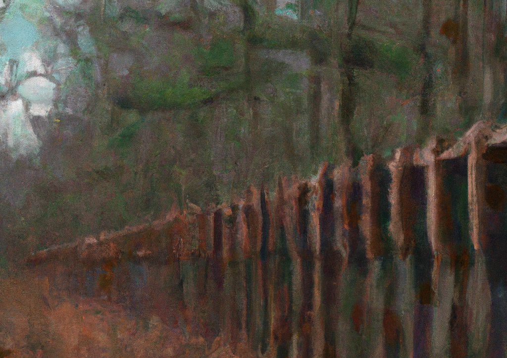 DALL·E 2023-10-15 20.36.02 – A modernist painting of the border wall in the Białowieża Forest with muted colors.