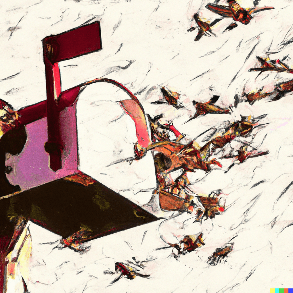 DALL·E 2023-10-29 22.40.42 – A modernist painting of drone swarms flying out of a mail box in muted colors.