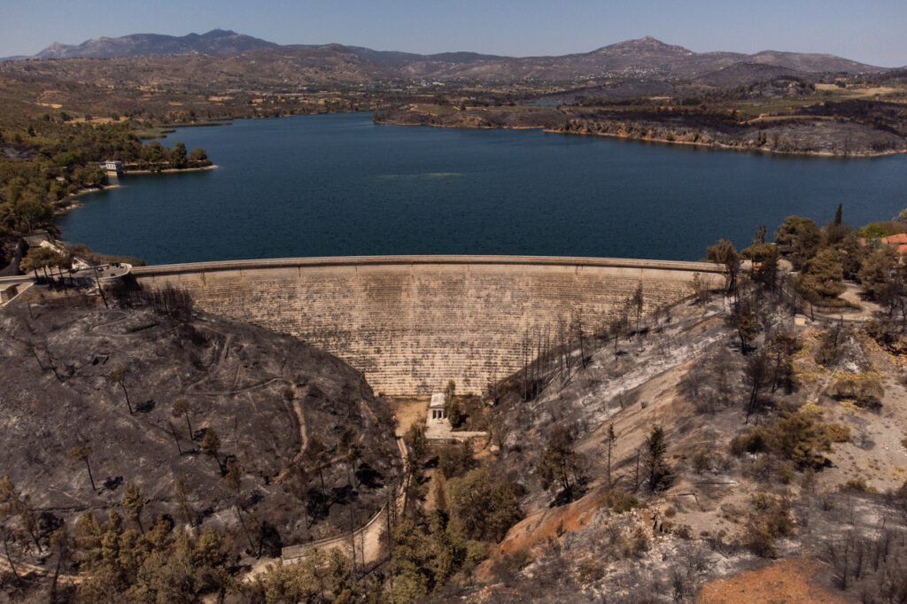 A drone shot shows the destruction near the dam in Marathonas on Aug. 14 (Nick Paleologos)