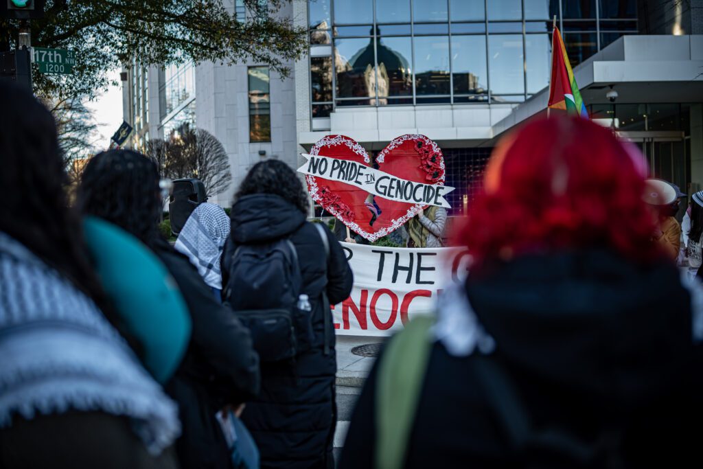 In February 2024, protesters demonstrate outside the Human Rights Campaign in solidarity with Gaza 