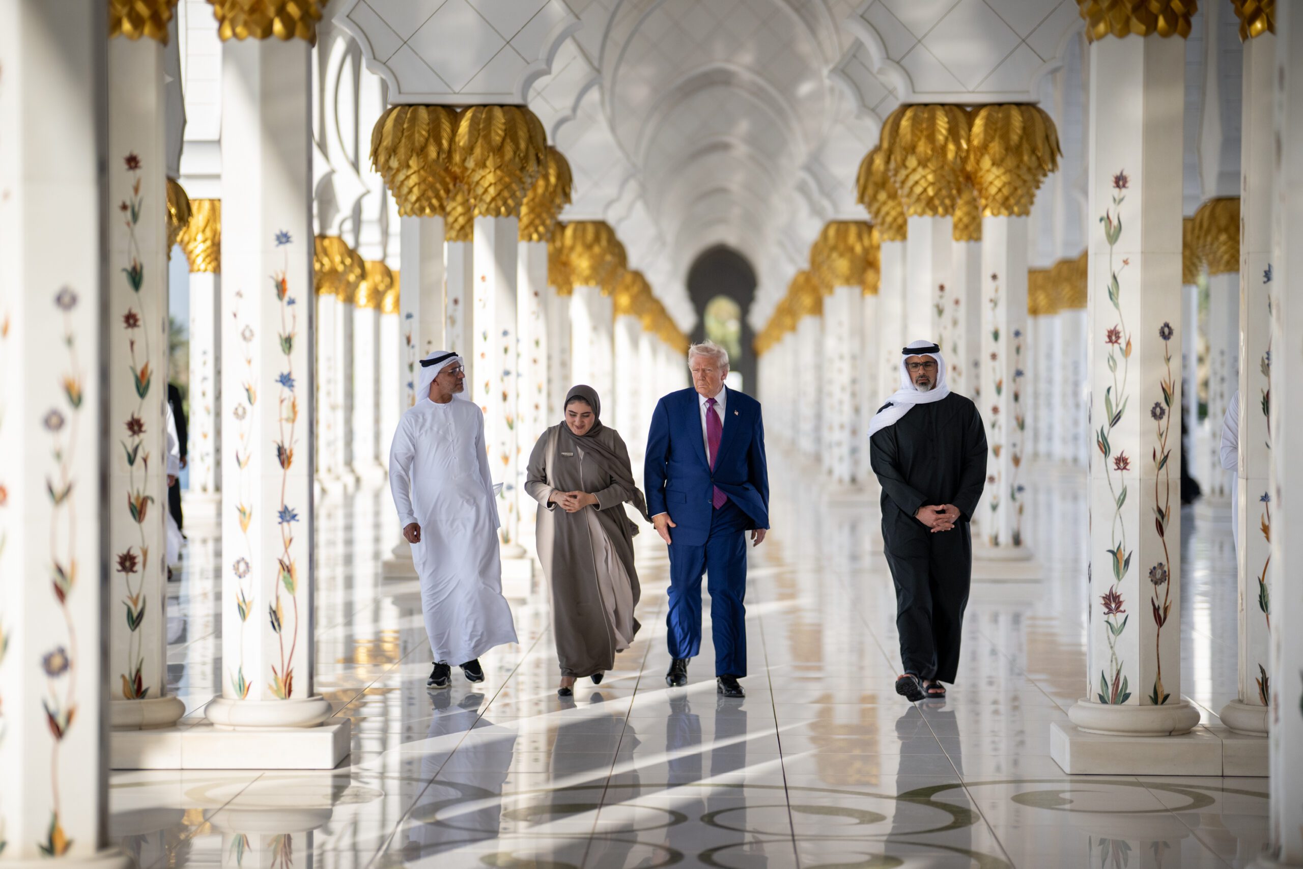 President Donald Trump tours Sheikh Zayed Grand Mosque, Thursday, May 15, 2025, in Abu Dhabi, United Arab Emirates. (Official White House Photo by Daniel Torok/Wikimedia Commons)