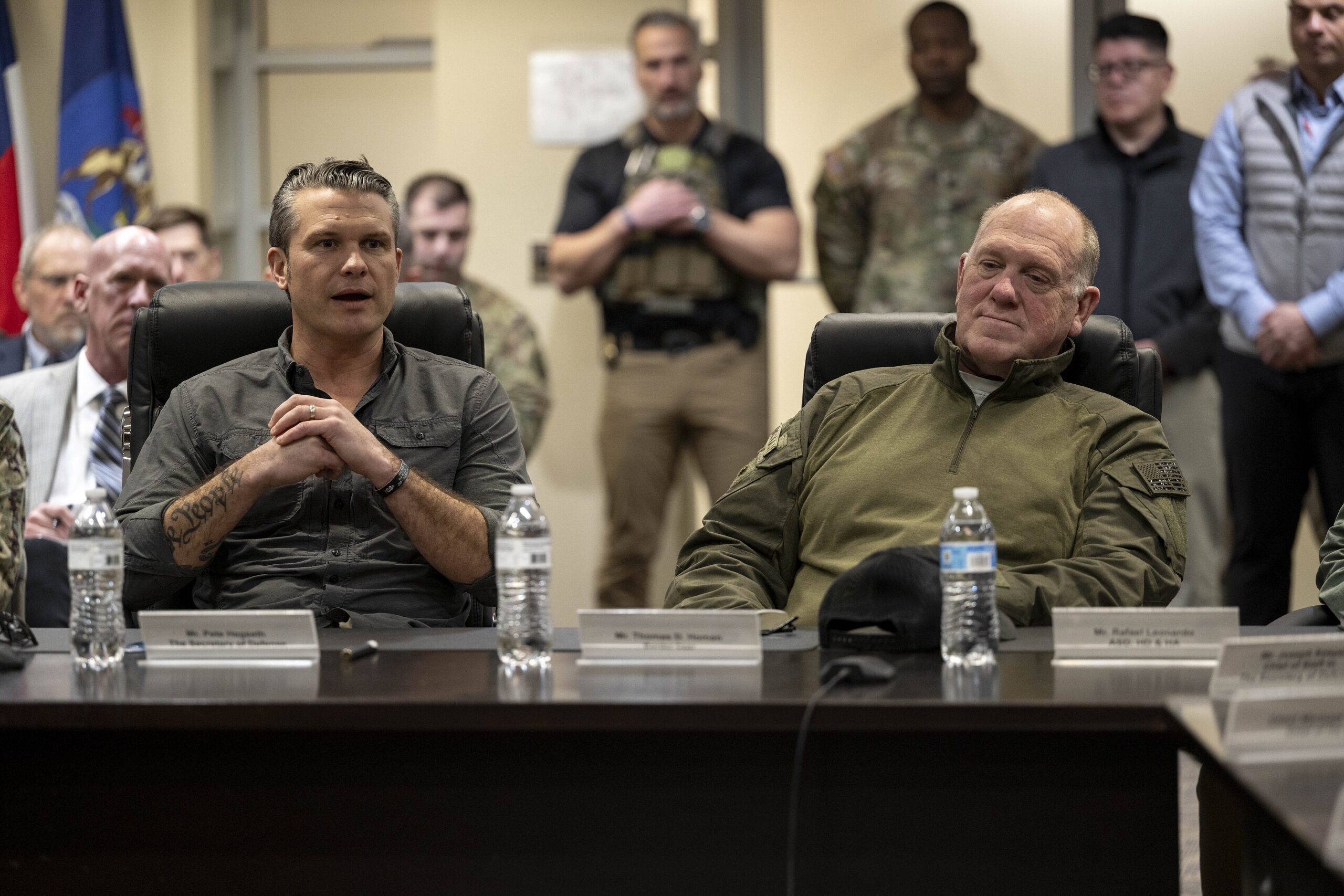 US Secretary of Defense Pete Hegseth sits alongside Border Czar Tom Homan during a briefing in Fort Bliss, Texas, on Feb. 2, 2025 (US Secretary of Defense/Wikimedia Commons)