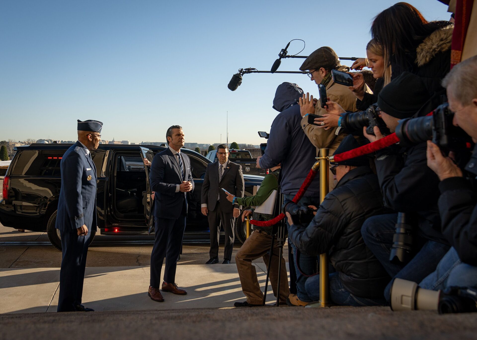 US Secretary of Defense Pete Hegseth delivers remarks to the press during his arrival at the Pentagon on Jan. 27, 2025 (DOD Photo by Benjamin Applebaum/Wikimedia Commons)