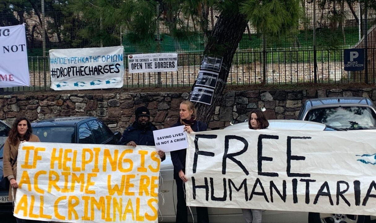Demonstrators rally in solidarity with humanitarians who were on trial in Lesbos, Greece (Franziska Grillmeier)