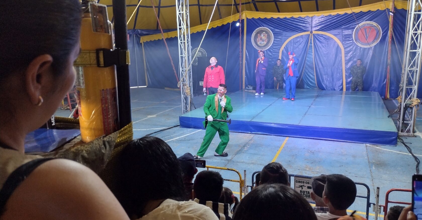 Soldier-clown Luís Javier Cardenas, or "Sancochito," interacts with the audience during Circo Colombia in Supatá, Colombia, on Wednesday, April 8, 2026. (Natalie Skowlund, Inkstick Media)