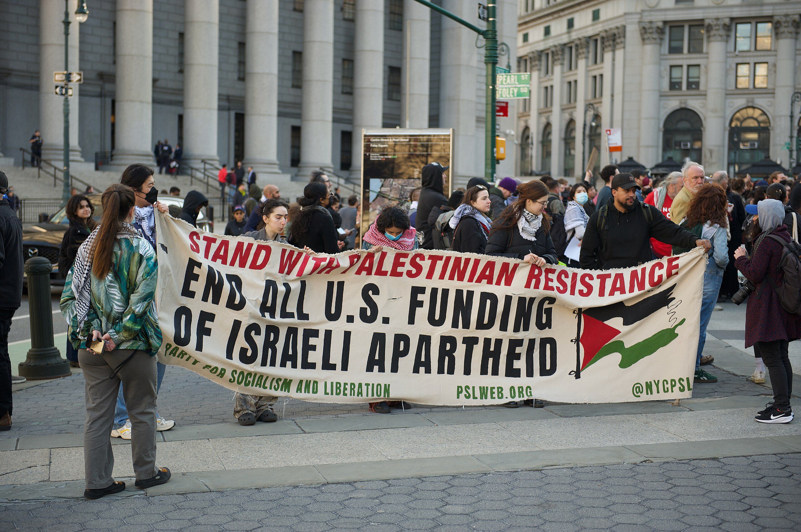 Protesters rally in Thomas Paine Park against Mahmoud Khalil's arrest in March 2025 (Swinxy/Wikimedia Commons)