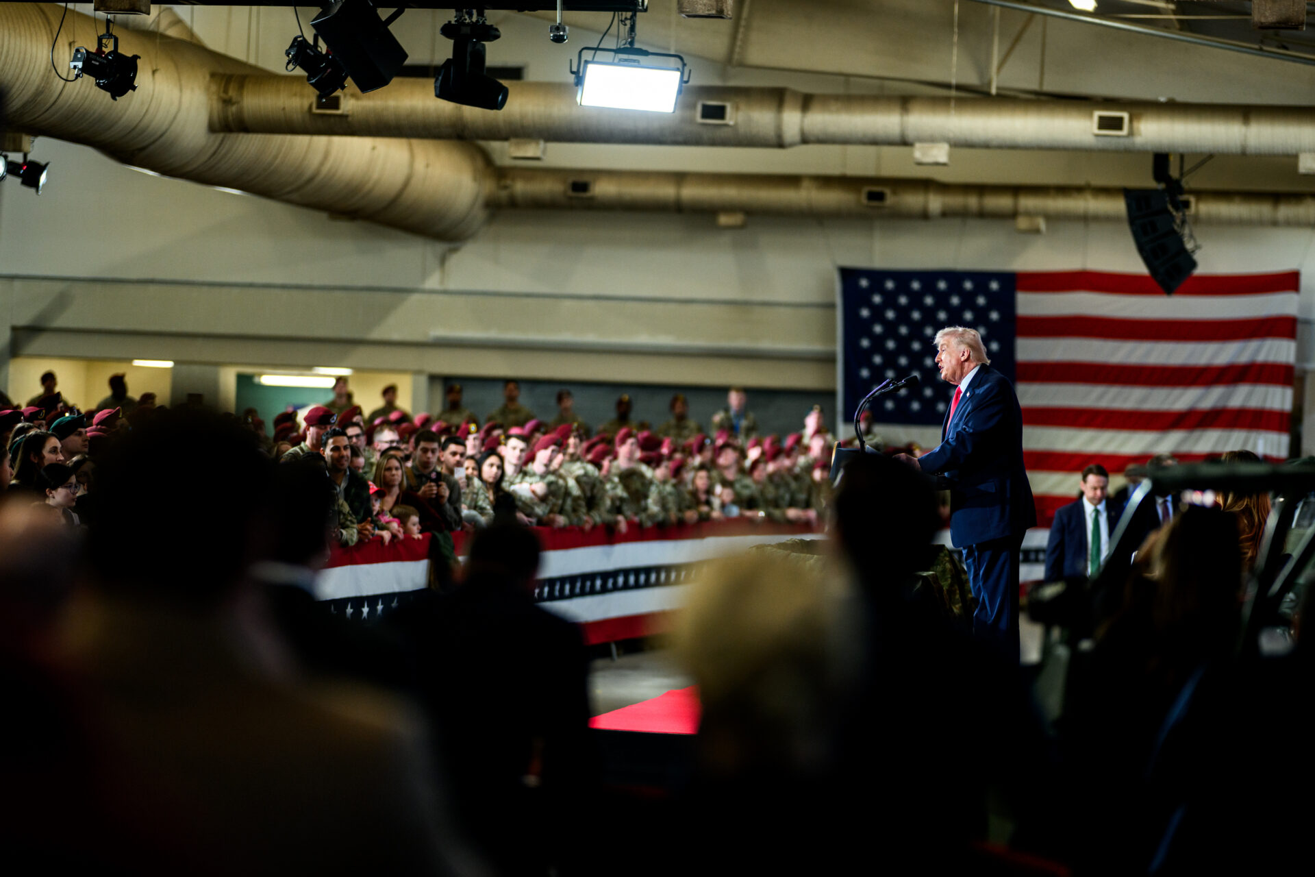 US President Donald Trump speaks at Fort Bragg in February 2026 (Daniel Torok/White House/Wikimedia Commons)