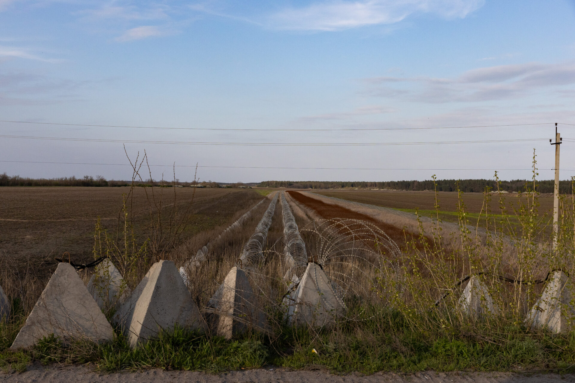 Ukrainian defensive fortifications and barriers in the fields west of Donetsk Oblast. April 2026.