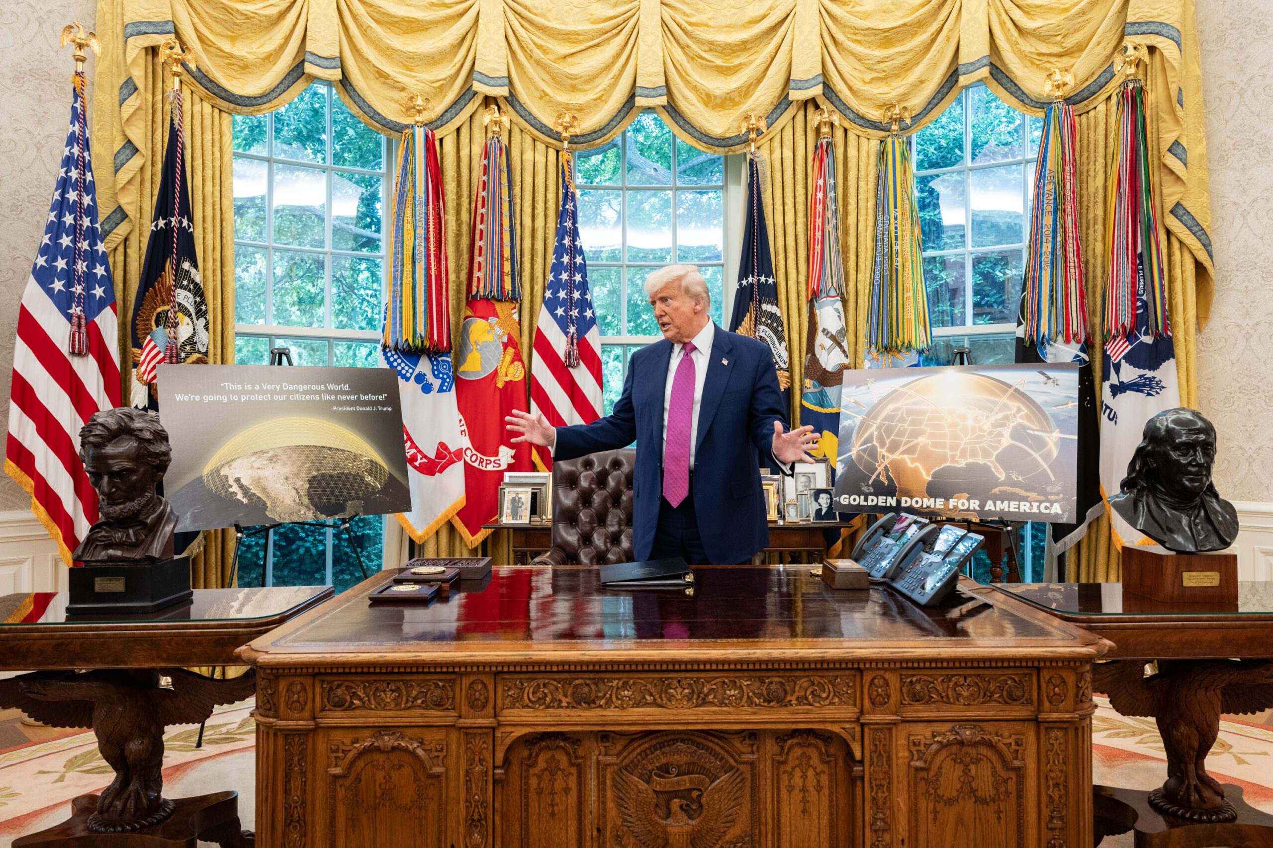 President Donald Trump speaks with officials and staff in the Oval Office before his announcement of the Golden Dome missile defense system, Tuesday, May 20, 2025. (Official White House Photo by Joyce N. Boghosian)