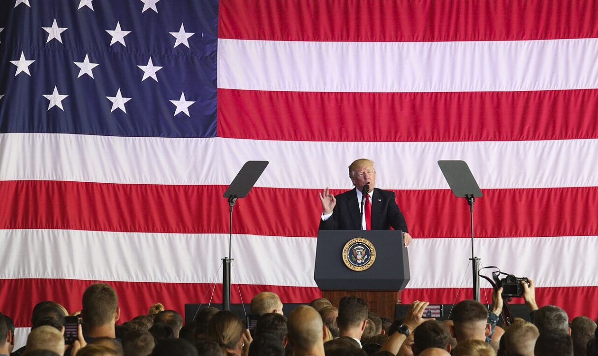 US President Donald Trump speaks to US service members in Sigonella, Italy, in May 2017 (Samuel Guerra/US Marine Corps/Wikimedia Commons)