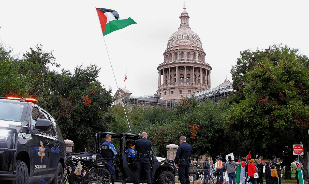 In November 2023, pro-Palestine demonstrators rally outside the Texas State Capitol in Austin (Larry D. Moore, CC BY 4.0/Wikimedia Commons)