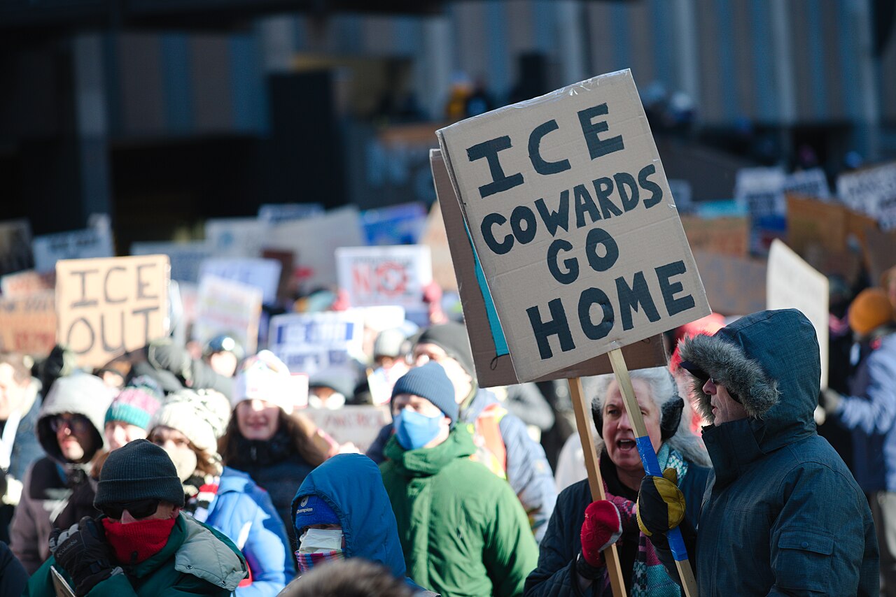 Demonstrators in Minneapolis rally against ICE in January 2026 (Fibonacci Blue/Wikimedia Commons)