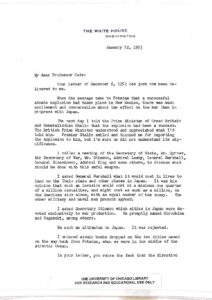 Truman Letter to Cate – James Lea Cate, [Box 1, Folder 5], “Correspondence – Truman and the Atomic Bomb Directive 1945-1953” Hanna Holborn Gray Special Collections Research Center, University of Chicago Library.