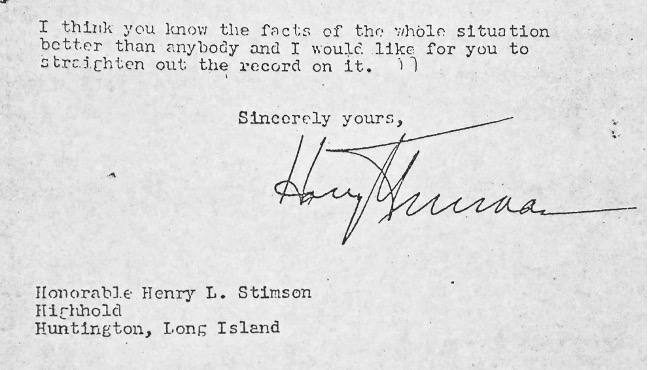 From President Harry Truman’s 1946 letter to Harry Stimson. Courtesy of Harry S. Truman Library & Archives.