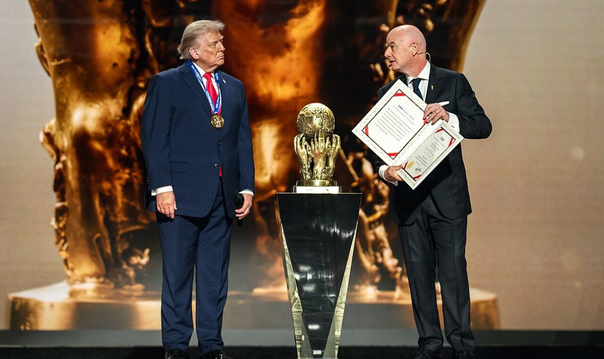FIFA President Giannia Infantino awards Trump the inaugural FIFA Peace Prize on Dec. 5, 2025 (Daniel Torok/White House/Wikimedia Commons)