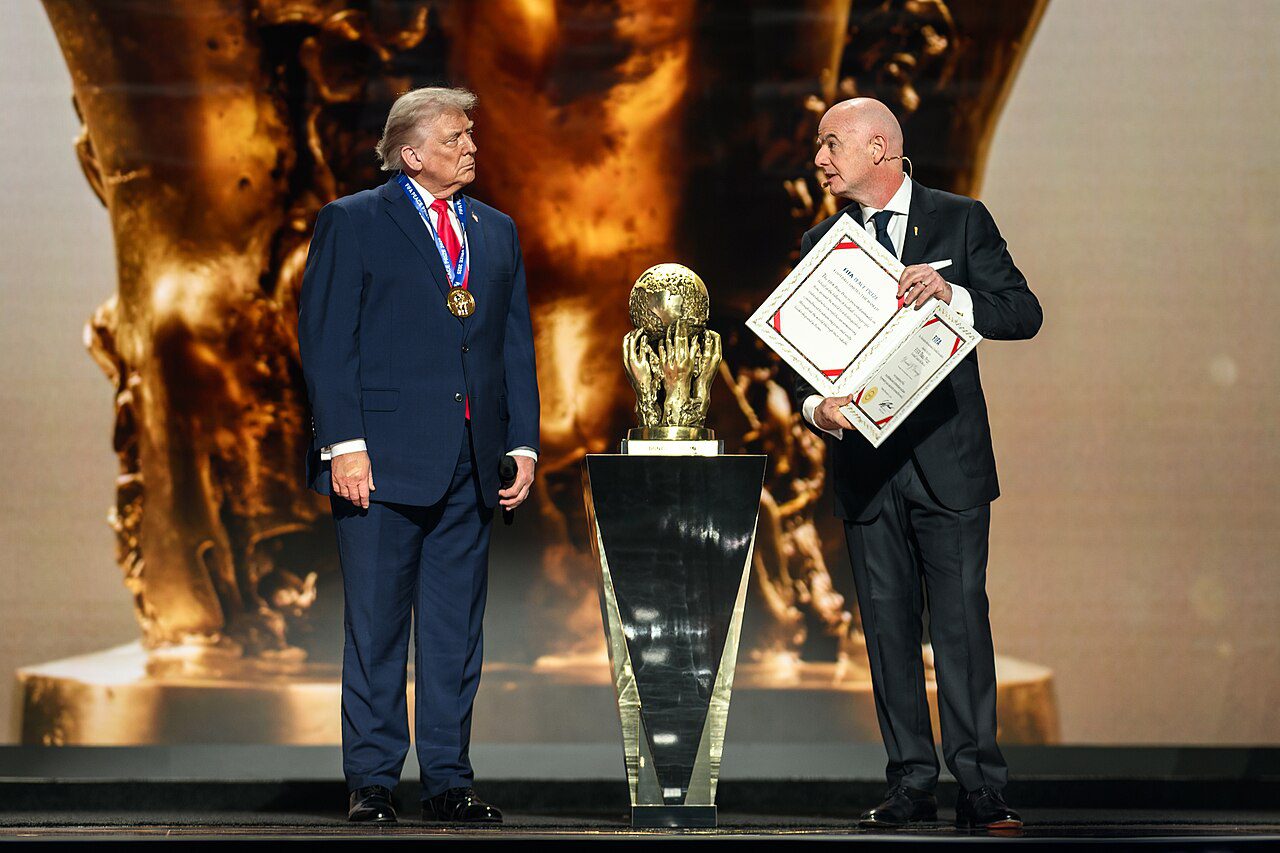 FIFA President Giannia Infantino awards Trump the inaugural FIFA Peace Prize on Dec. 5, 2025 (Daniel Torok/White House/Wikimedia Commons)
