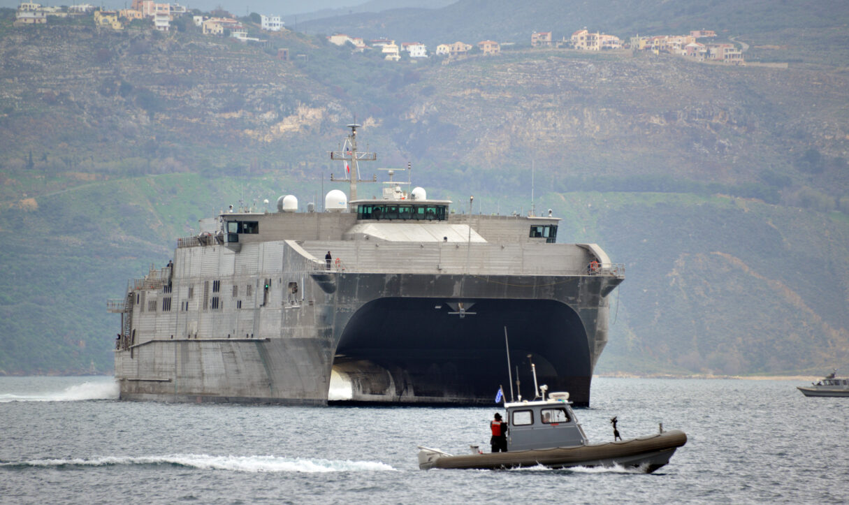 The USNS Spearhead arrives in Souda Bay for a scheduled port visit in February 2014 (Paul Farley/Wikimedia Commons)
