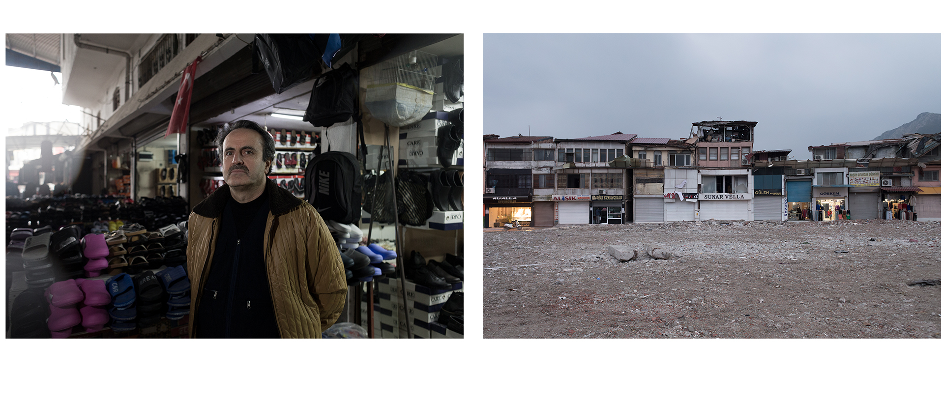 On the left, Adam Sabit stands next to his stall. On the right is the main bazaar of Antakya. (Kyriakos Finas)