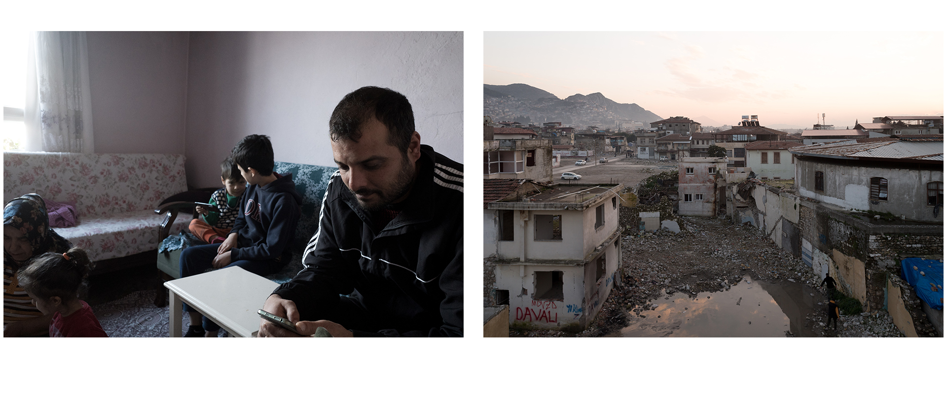 On the left, Adnan Dalmiş sits with his children and his mother. On the right is the Orhanli neighborhood of Antakya. (Kyriakos Finas)