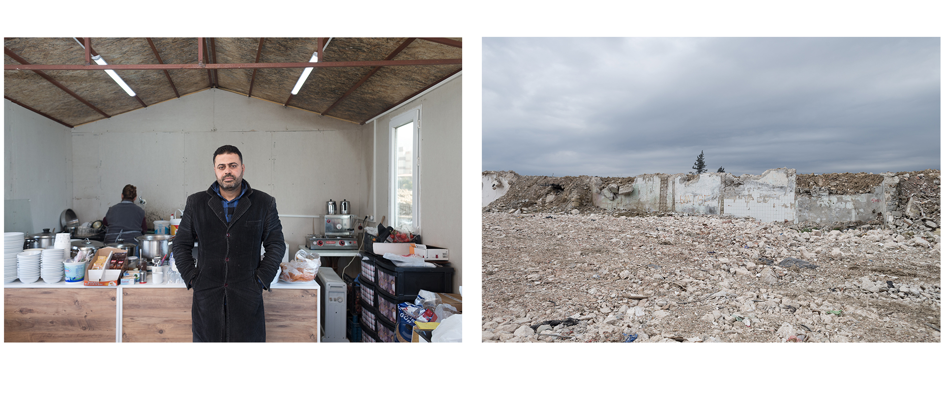 On the left, Sedat Paşa Ögretmen stands inside his soup kitchen. On the right is a pile of rubble where apartments once stood in Antakya’s Esenlik neighborhood. (Kyriakos Finas)