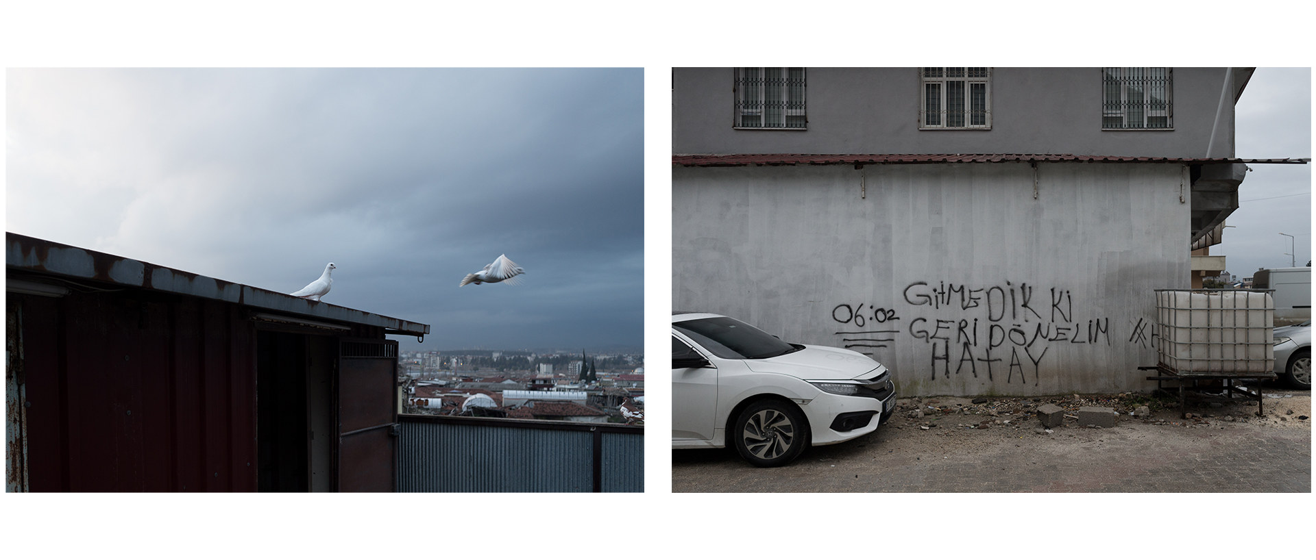 On the left, pigeons take flight off a rooftop. On the right is graffiti on a wall in Hacı Ömer Alpagot neighborhood in Antakya. (Kyriakos Finas)