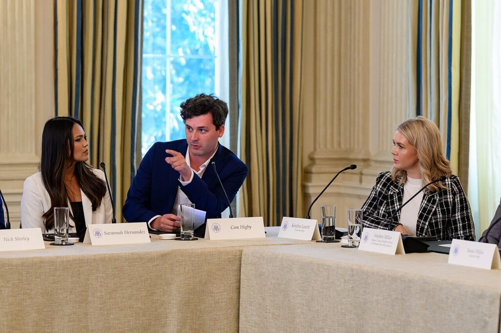Savannah Hernandez (left), Cam Higby (middle), and White House Press Secretary Karoline Leavitt during a White House roundtable on Antifa in October 2025 (White House/Wikimedia Commons)