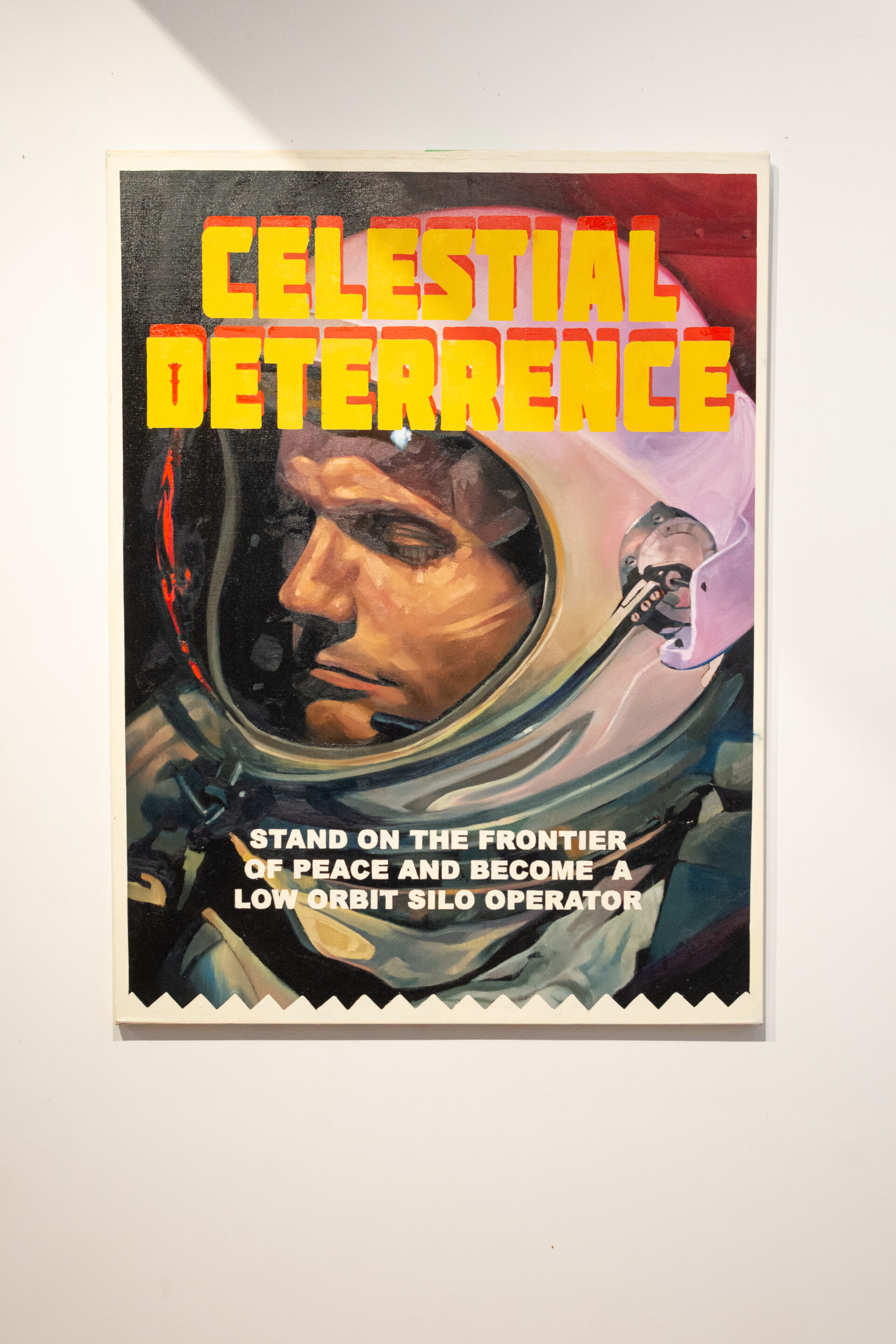 image of a painting by whit montgomery with a man in a helmet and the words "celestial deterrence"