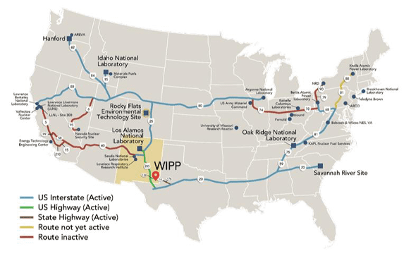 A publicly released map shows the routes used to transport transuranic waste (WIPP/November 2025)