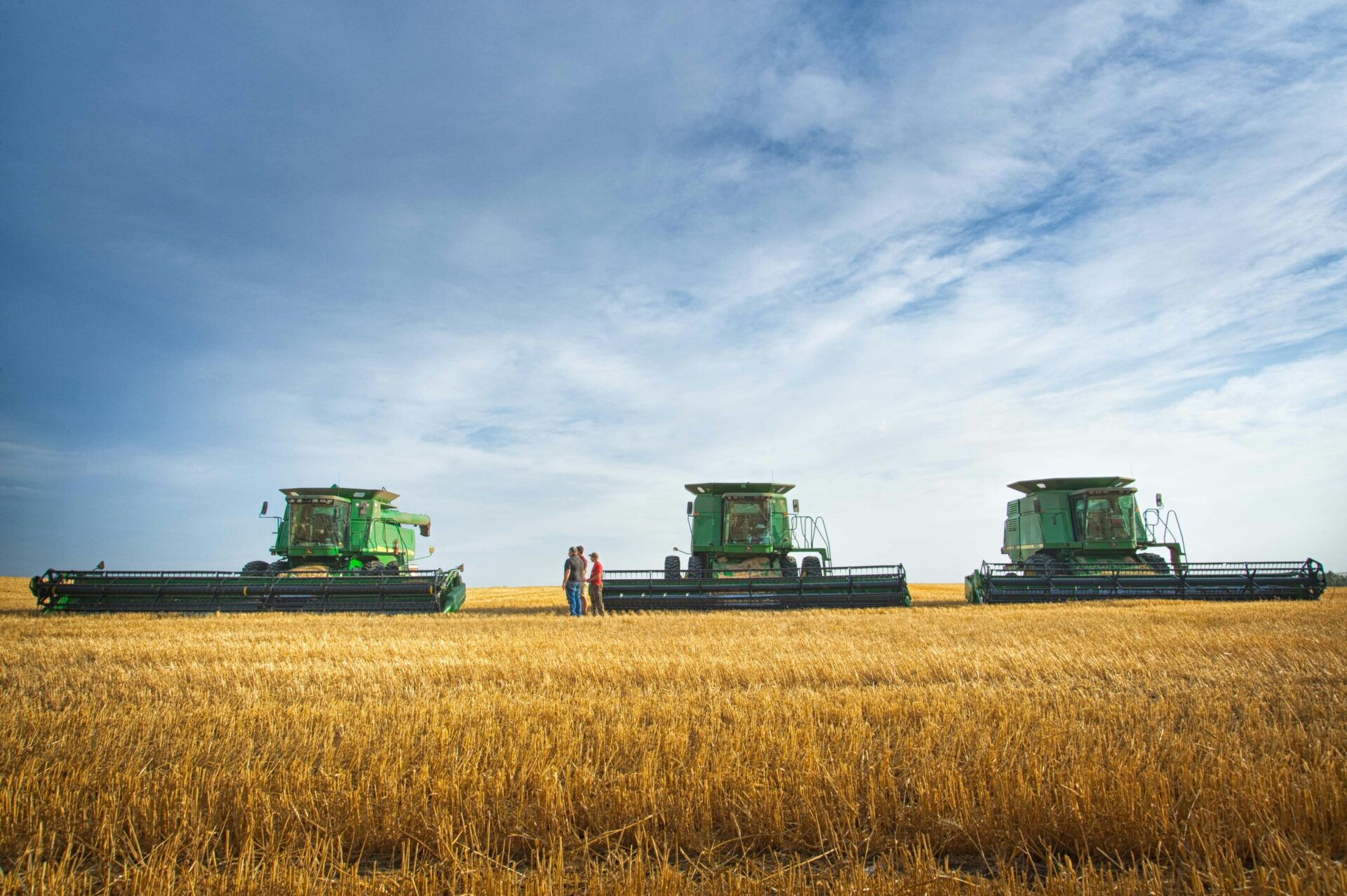 Farm workers stand by a row of John Deere combine harvesters in a North Dakoa wheat field (Darla Hueske/Unsplash)
