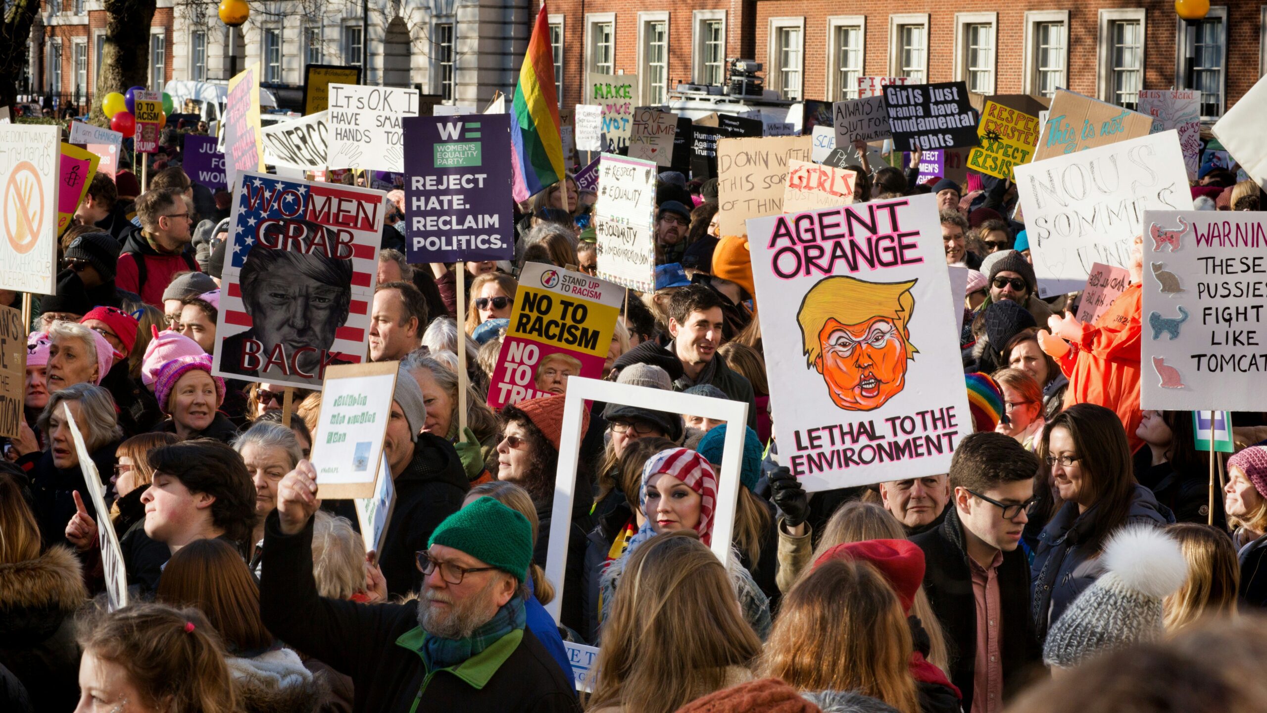 Demonstrators rally against US President Donald Trump's visit in London in February 2019 (Marc Pell/Unsplash)