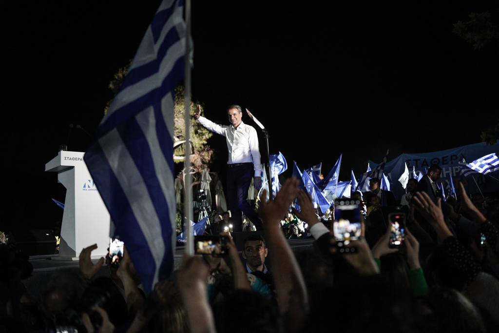 Greek Prime Minister Kyriakos Mitsotakis delivers a speech in May 2023 ahead of his party's success in legislative elections (Nick Paleologos)