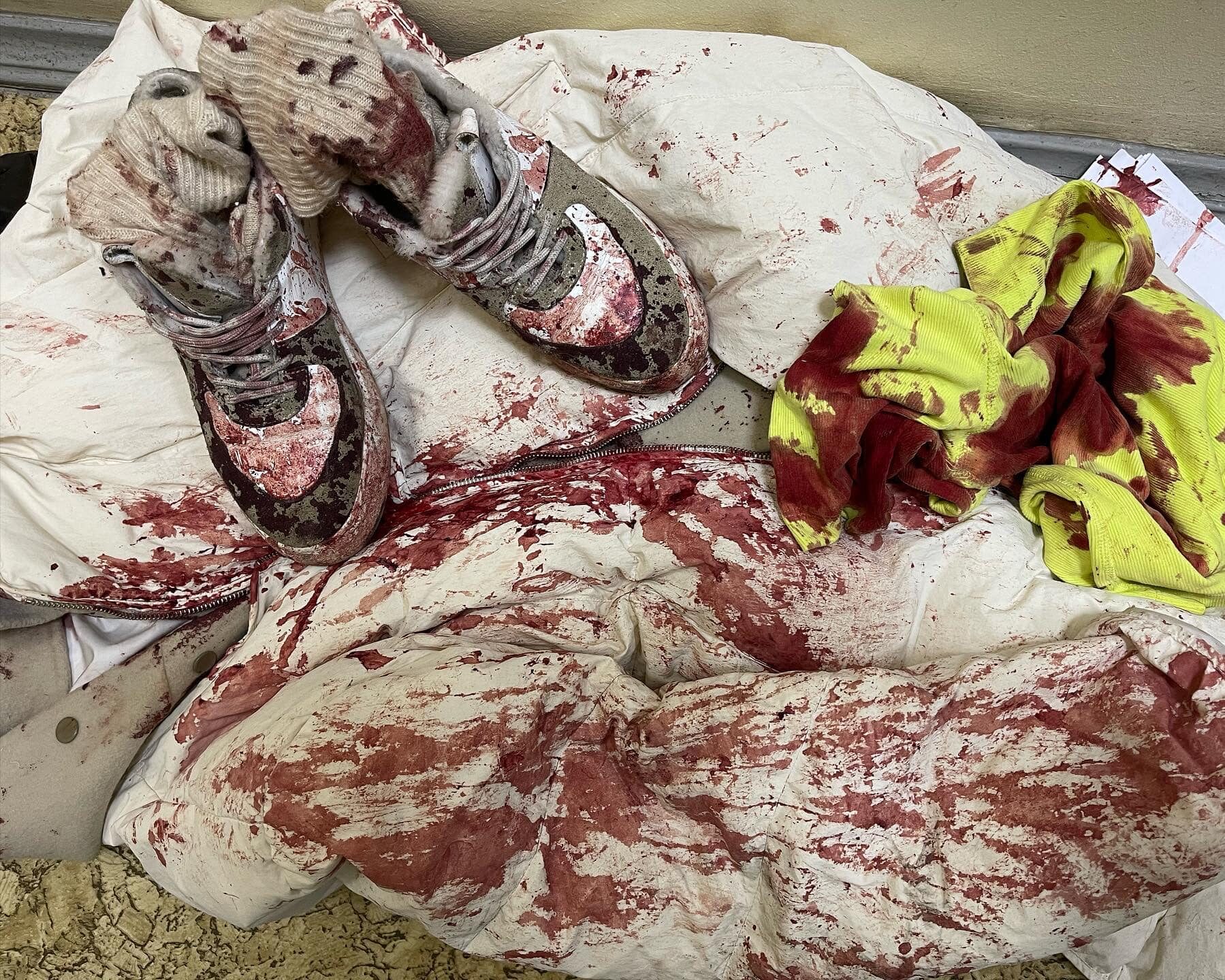 bloody clothes following a russian missile attack in ukraine.
